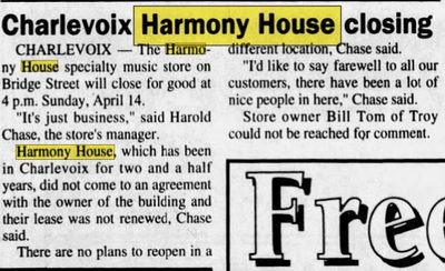 Harmony House Records and Tapes - Apr 1996 Charlevoix Closing